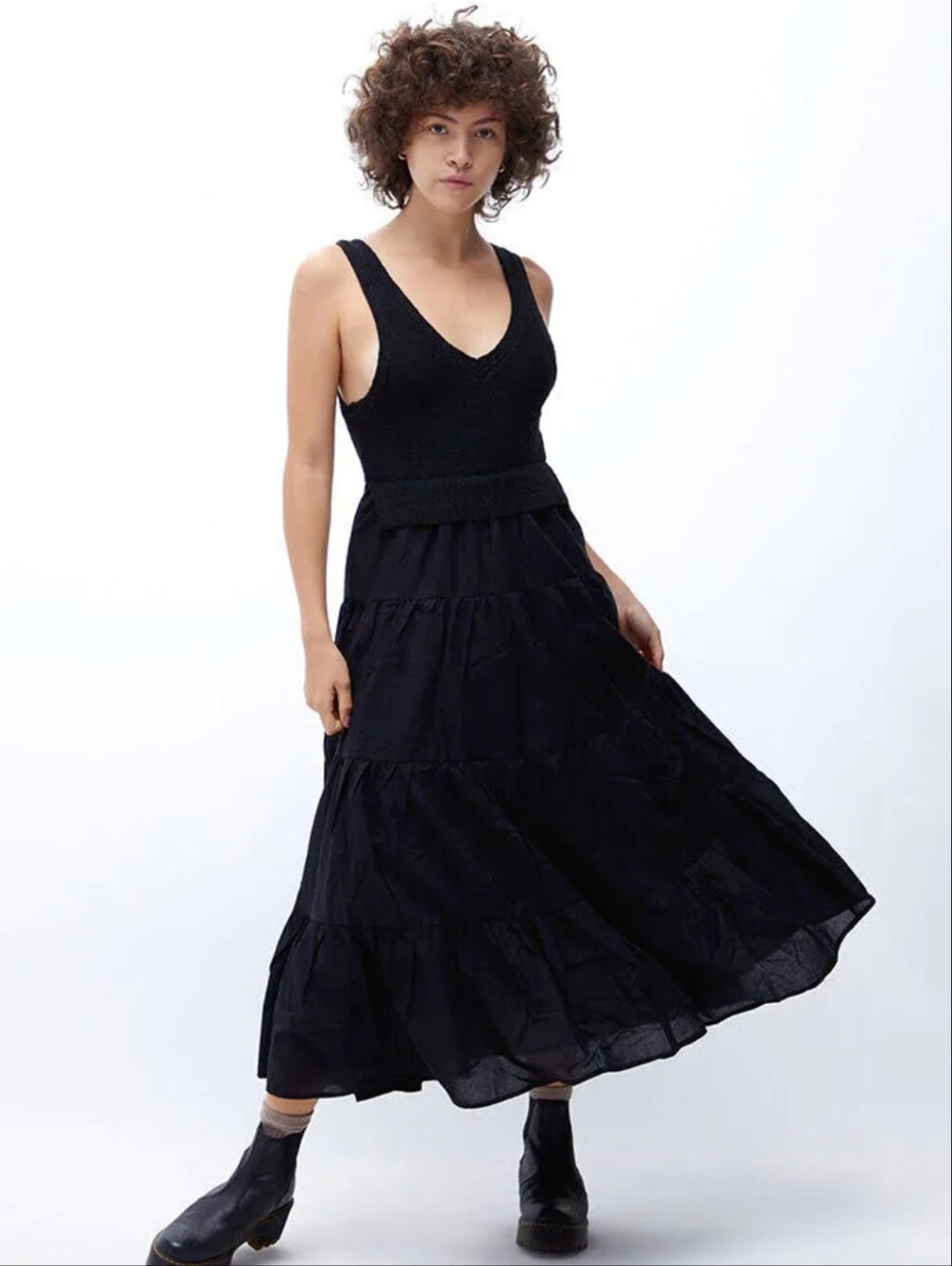 En Saison Mixed Media Tiered Midi Dress Size M